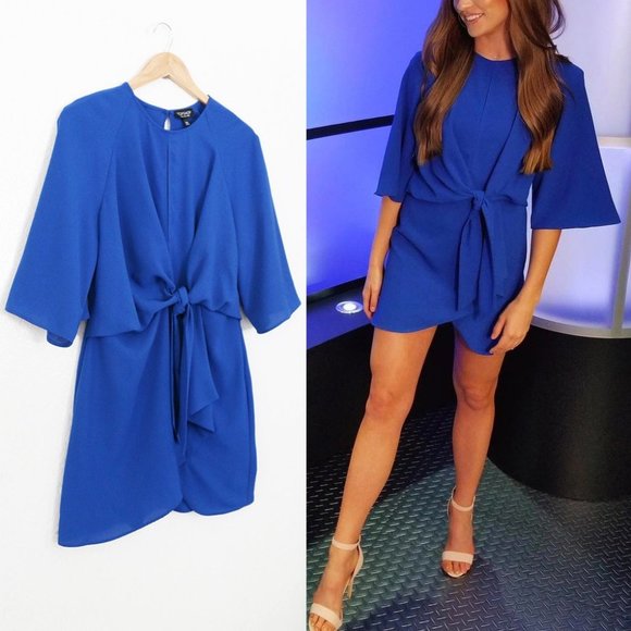 Topshop Dress Wide Half Sleeves Knot Tie Front Cobalt Royal Blue Mini Dress US 8 - Picture 4 of 16